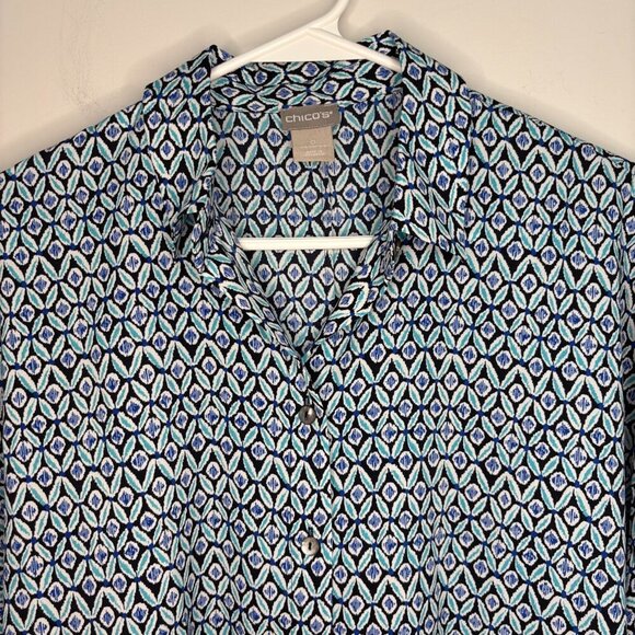CHICO'S Button Up Blouse 0 XS Teal Blue Black Raglan Sleeve Collared Stretch - Picture 4 of 5